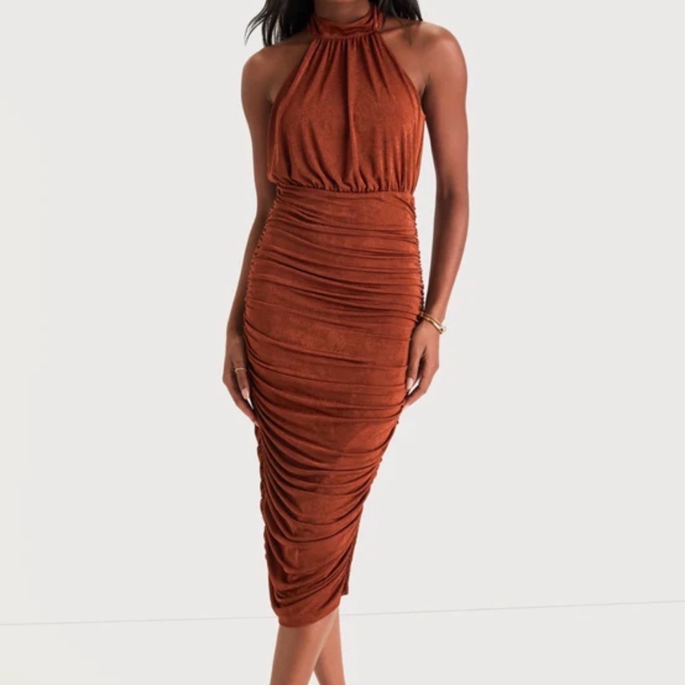 Irresistible Presence Rust Halter Ruched Bodycon
Midi Dress